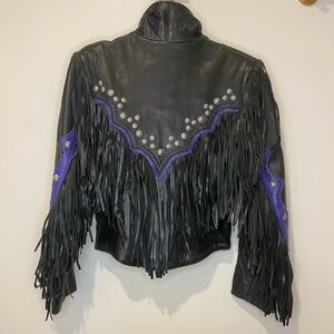 Diamond Leathers Women’s Vintage Black Fringe Trim Cropped Biker Jacket Size 4
